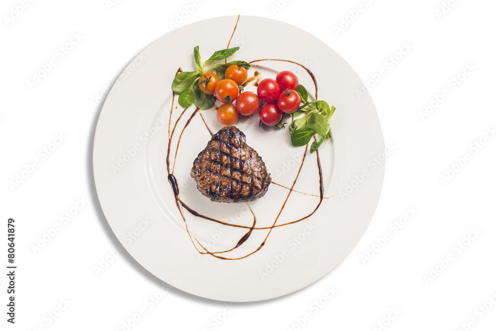 Grilled Sirloin Steak with Tomatoes on White Plate