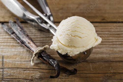 ball of vanilla ice cream in a spoon scoop photo