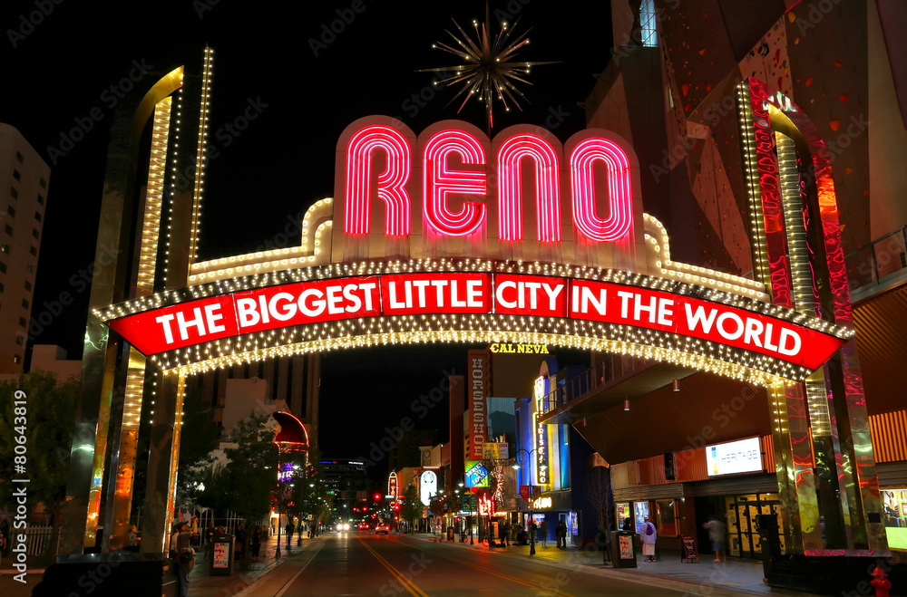 Famous "The Biggest Little City in the World" sign at night in R - obrazy, fototapety, plakaty 