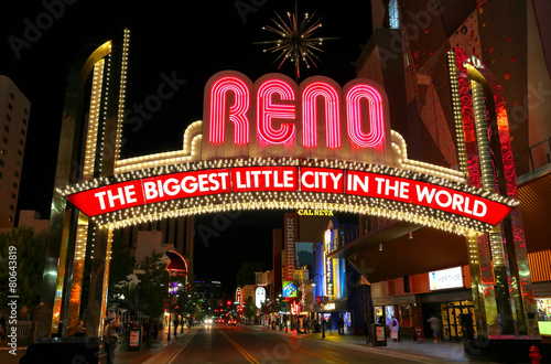 Famous "The Biggest Little City in the World" sign at night in R
