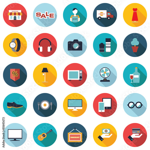 Set of 25 colorful shopping flat icons.