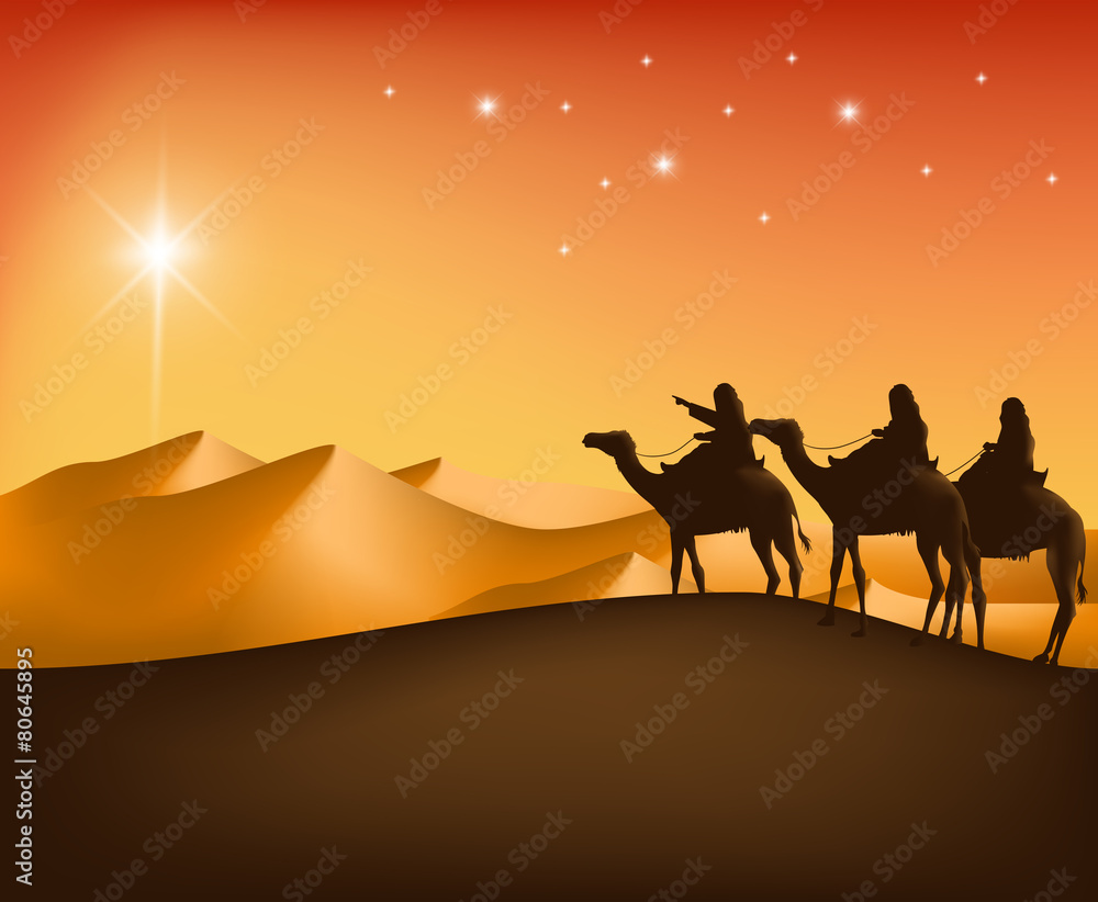 Obraz premium The Three Kings Riding with Camels in the Desert