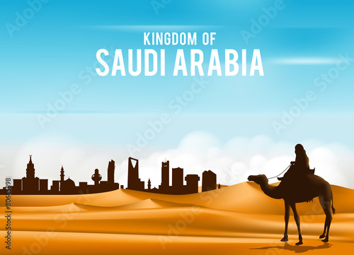 Arab Man Riding in Camel in Wide Desert Sands
