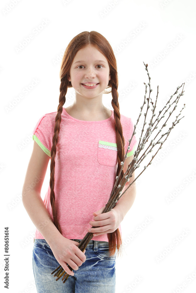 Beautiful Little Girl With Pussy willow Branches Isolated On White beautiful-little-girl-with-pussy-willow-branches-isolated-on-white