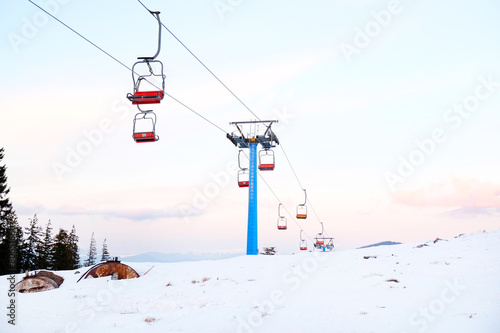 Cableway over mountains in wintertime