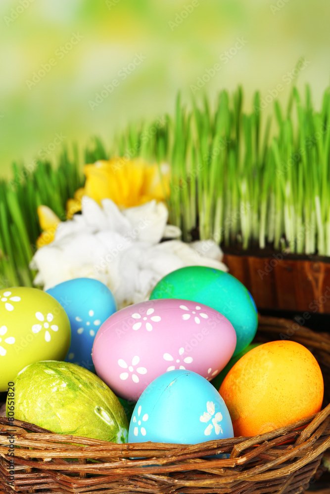 Easter eggs in basket and green grass close-up