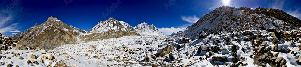 panorama of Gangotri glacier with Bhagirathi peaks in Garhwal