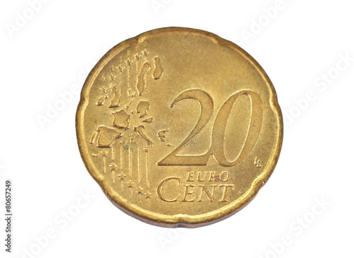 Coin, denominational value 20 euro cent on white background photo