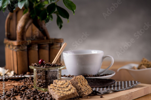 Natural traditional coffee on wooden table