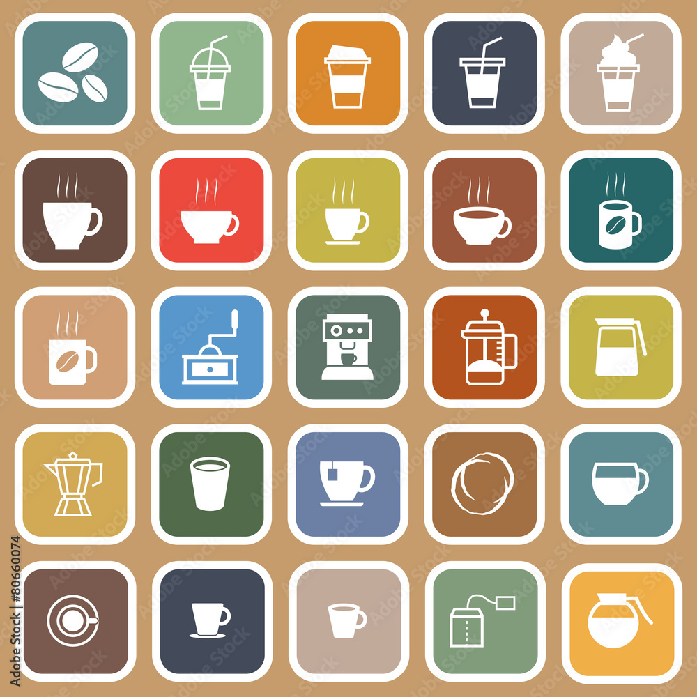 Coffee flat icons on brown background