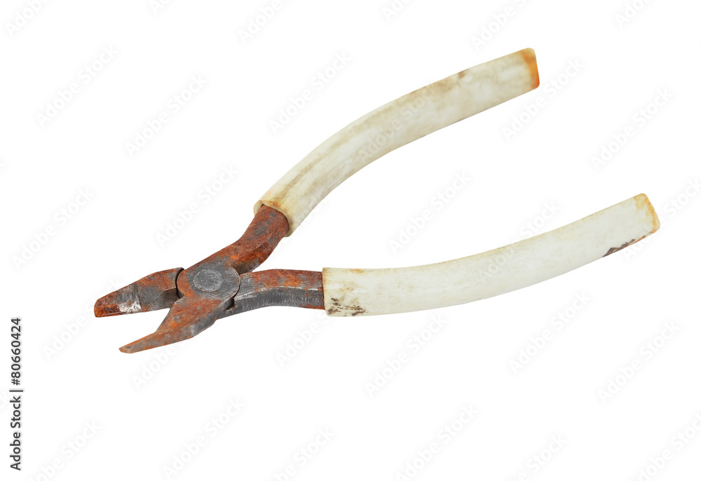 Old and rusty wire cutter, isolated on white background Old and rusty wire cutter, isolated on white background