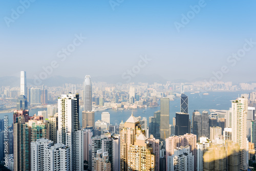 View of skyscrapers in business center of Hong Kong city from th
