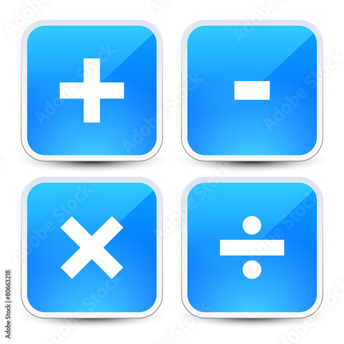 Math symbols on blue backgrounds (addition, subtraction, multipl