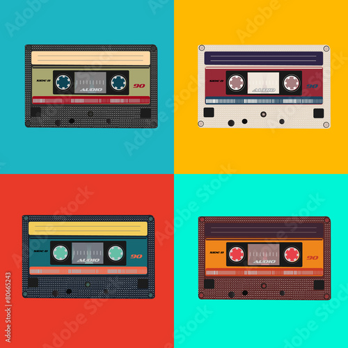 Realistic illustration of colorful radio cassettes tapes