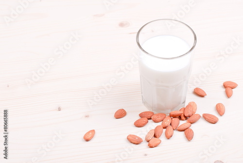 Glassware almond milk on the table top view