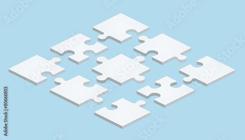 Flat Puzzle in isometric design on blue background