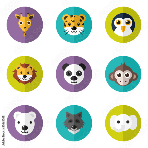 Set of Cute Animals Icons With Flat Design. Vector Illustration