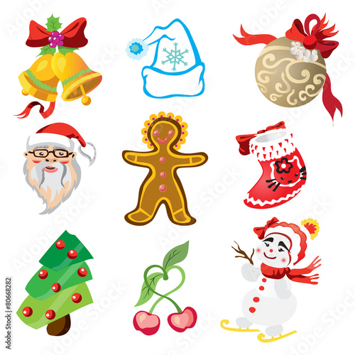 Vector set of christmas icons in cartoon style. Art -