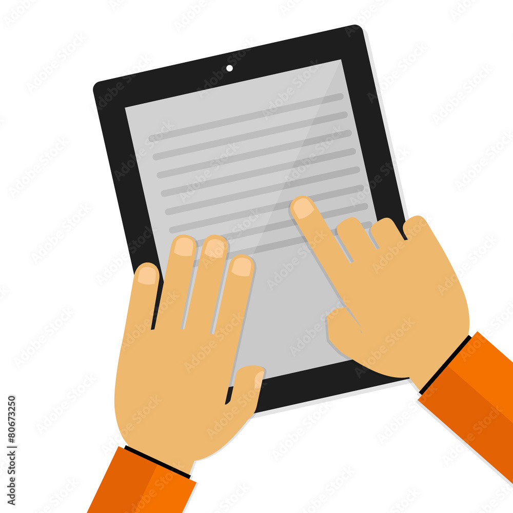 hand touching screen and reading.