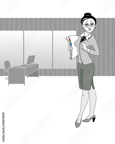 Girl secretary with documents in the office. Gray scale image.