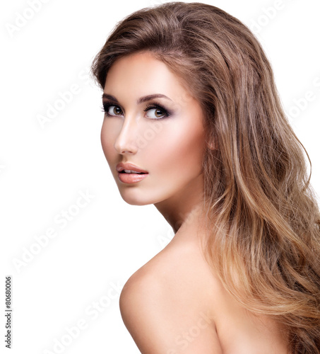 Photo of a beautiful sexy woman with long wavy hair