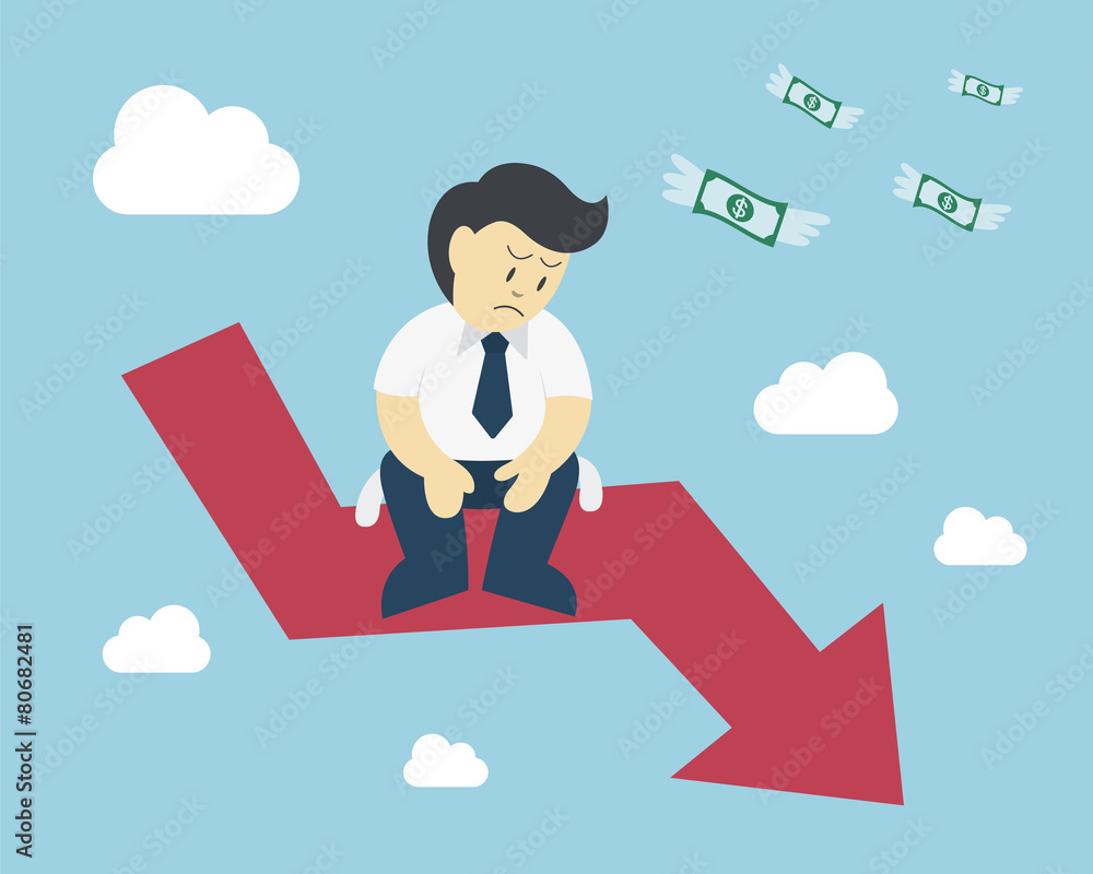 Businessman sit on arrow stock market crash Businessman sit on arrow stock market crash