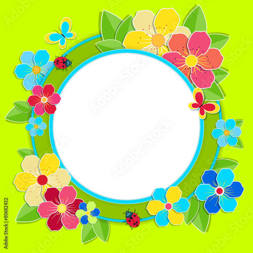 Bright frame with flowers, butterflies and ladybug