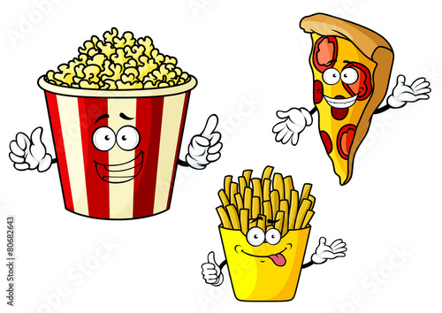 Pizza, french fries, popcorn cartoon characters