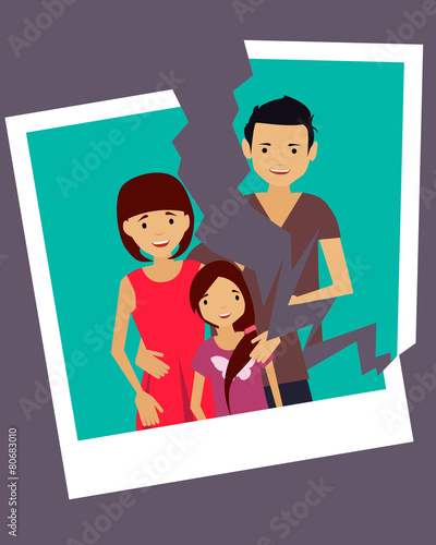 Divorce. Torn photo of a happy family