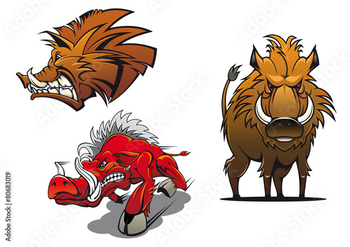 Cartoon wild boars with ruffled fur