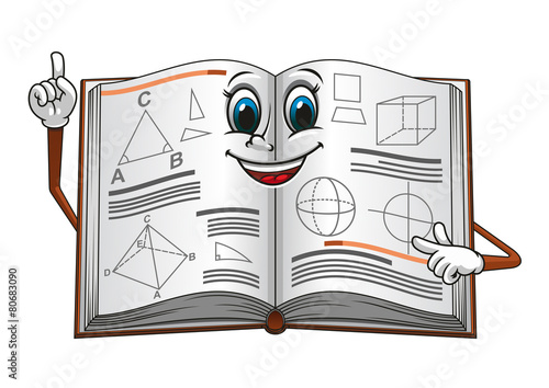 Open textbook with geometric shapes cartoon character