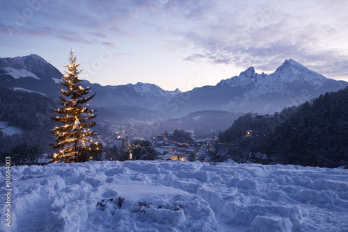 Christmas tree in Berchtesgaden in front of mount Watzmann