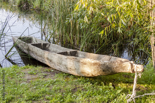 Old wooden canoe in Biskupin Museum - Poland.