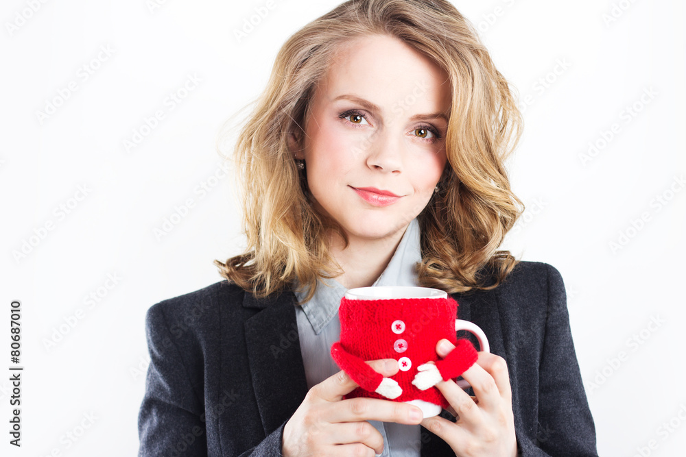 Beautiful blonde with red cup in her hands Beautiful blonde with red cup in her hands