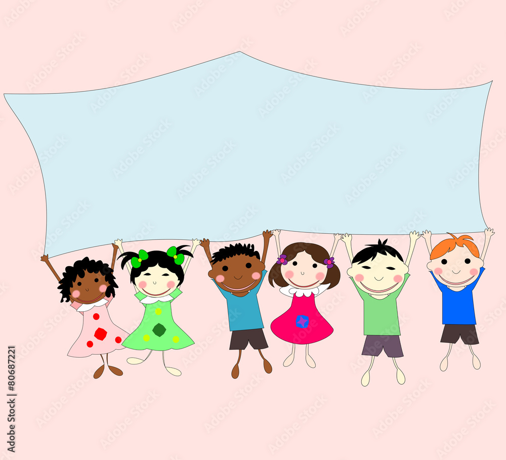 Illustrations of children of different races behind a banner on Illustrations of children of different races behind a banner on