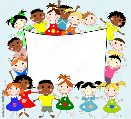 Illustration of children of different races behind a banner on a