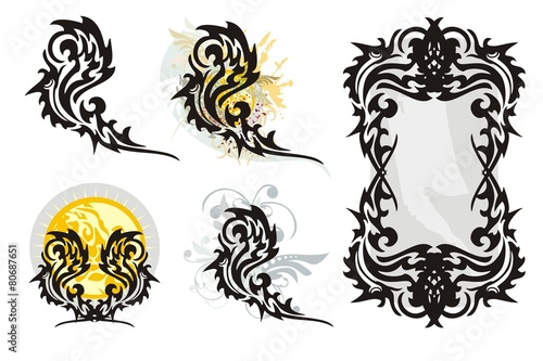Tribal flaming bird splashes and bird frame