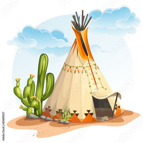 North American Indian tipi home with cactus and stones