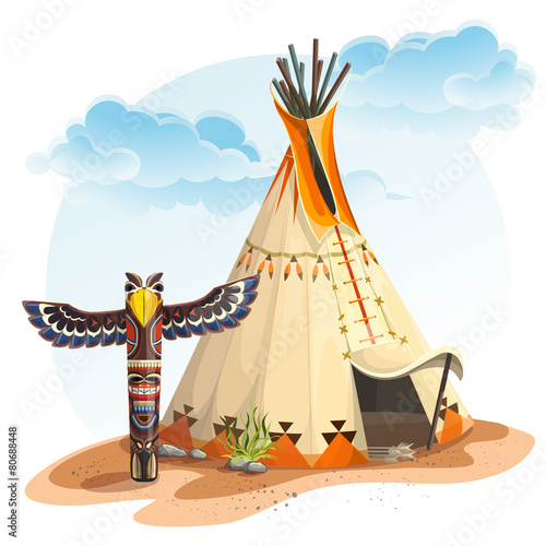 North American Indian tipi home with totem