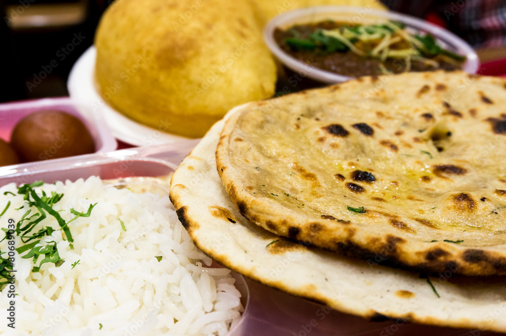 Rice, pulses, flat bread north indian meal Rice, pulses, flat bread north indian meal