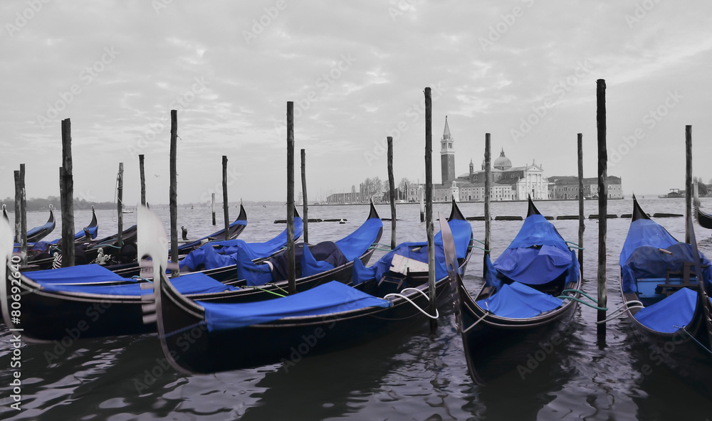 Retro photography of traditional gondolas on Grand Canal in Venice, Italy