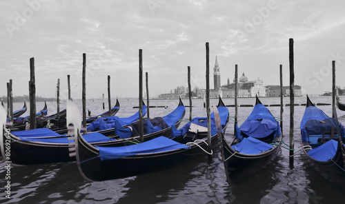 Retro photography of traditional gondolas on Grand Canal in Venice, Italy