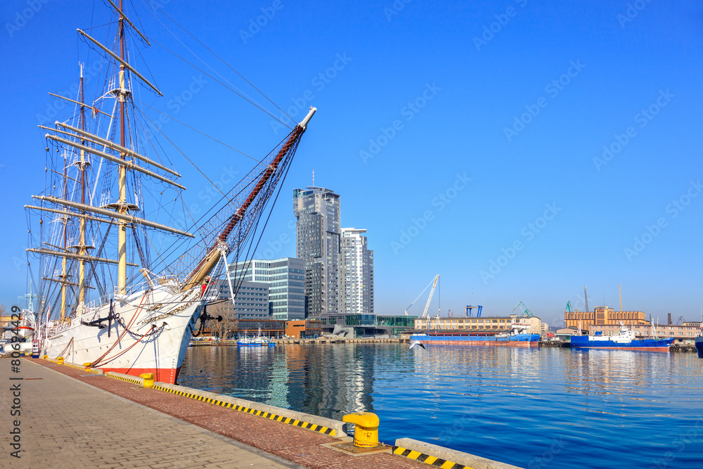 Obraz premium Sailing ship in port of Gdynia, Poland.