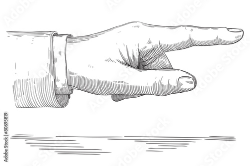 Vector of hand  with pointing finger at retro engraving style.