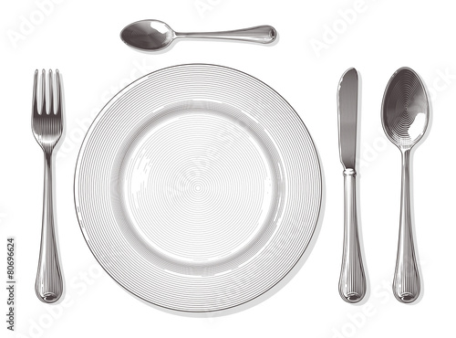 Fork,spoon, knife, plate in vintage engraving style