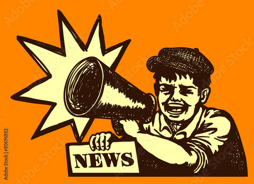 Retro newspaper vendor kid screaming news with megaphone photo