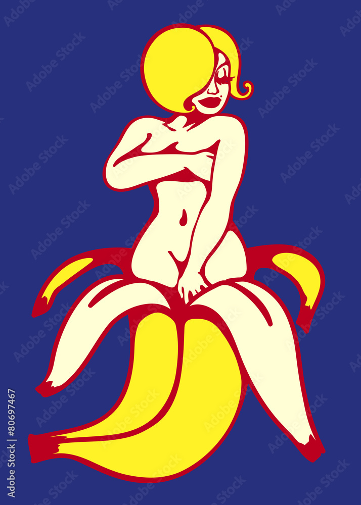 Naklejka premium Lady banita, sexy naked blond woman coming out of peeled banana