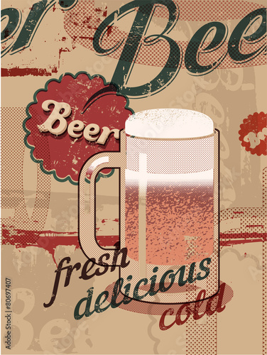 Vintage style poster with a beer mug. Retro vector beer poster.