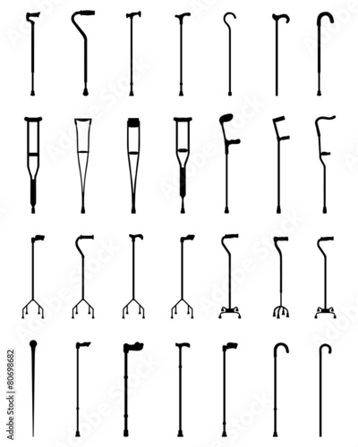 Black silhouettes of sticks and crutches, vector