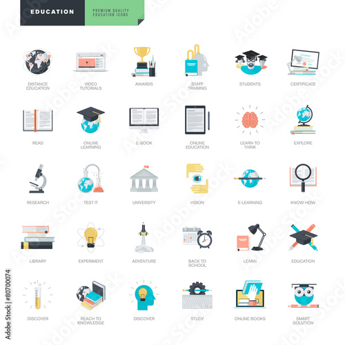 Flat design education icons for graphic and web designers
